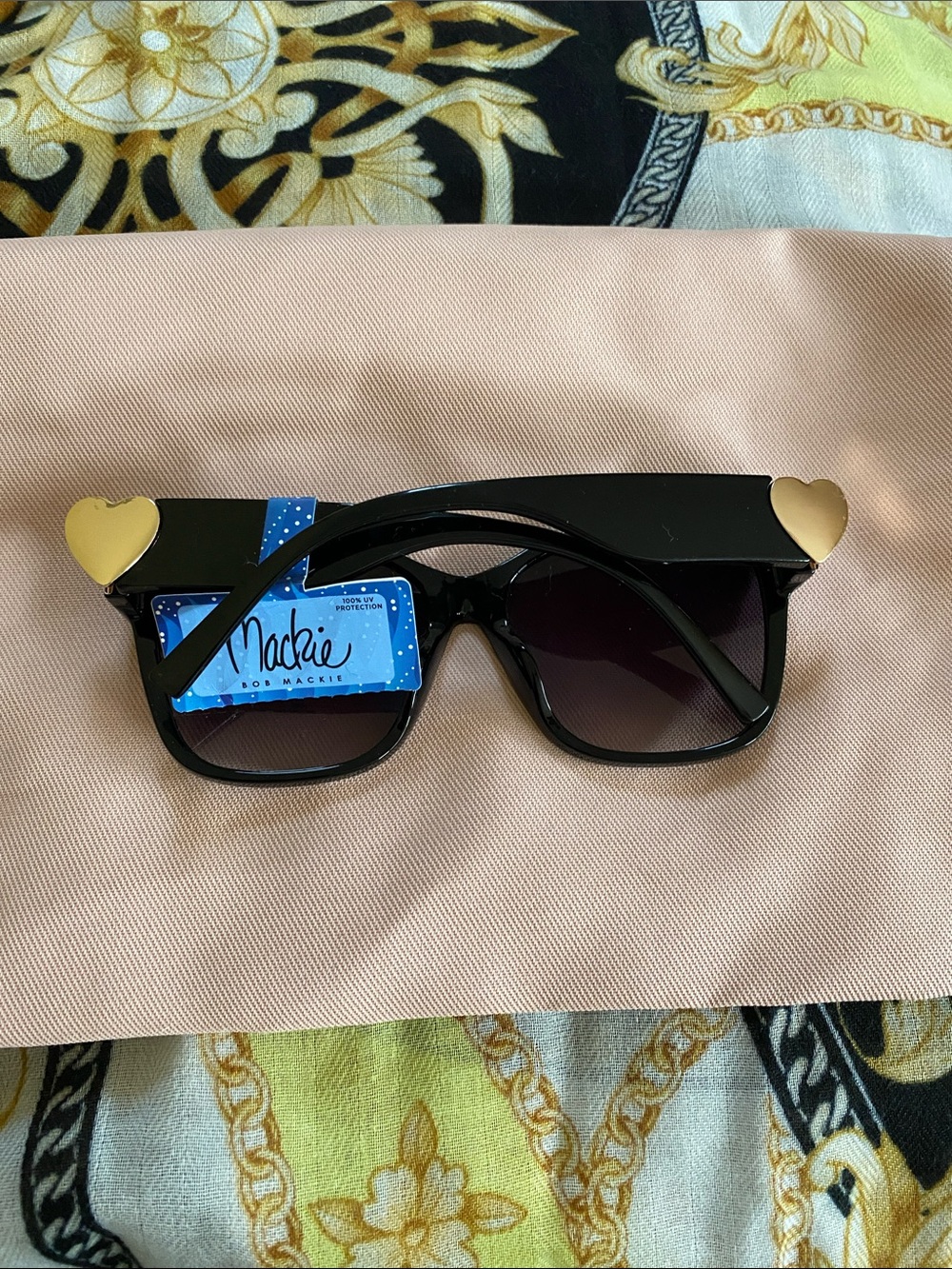 Bob Mackie Oversized Black Shiny Gold Heart Sunglasses NWT